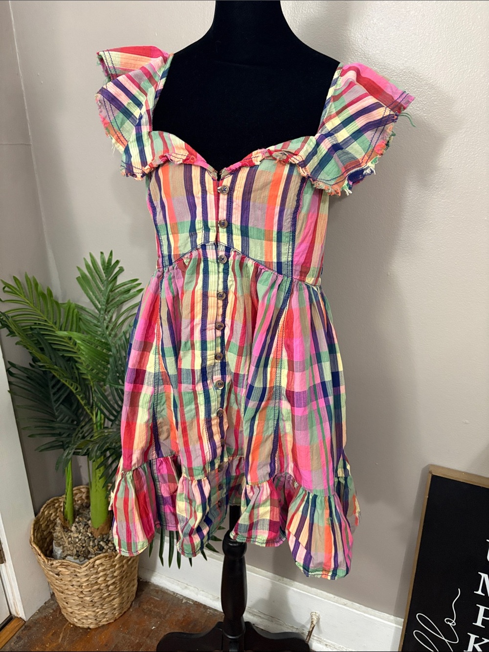 Anthropologie Pilcro Flutter-Sleeve Tiered Mini Babydoll Dress Plaid - S